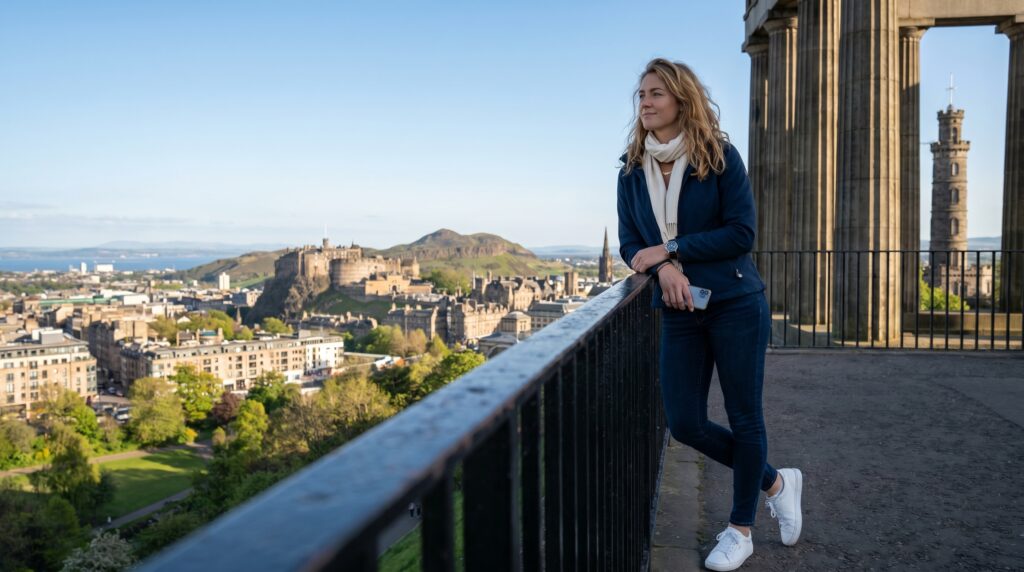 Sandy Carrington on Calton Hill in Edinburgh, looking out over the city — reflecting on the ADSB feeder in Scotland that broadcasts to the Dataero radar.