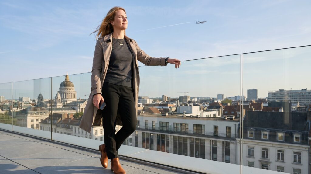 Sandy Carrington checking ADS-B flight tracking alerts on the Dataero radar, Brussels skyline behind